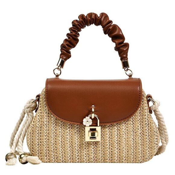 Handbags - 8870 Straw Crossbody Bag Hand Woven Shoulder Bag Leather Top Handle Small